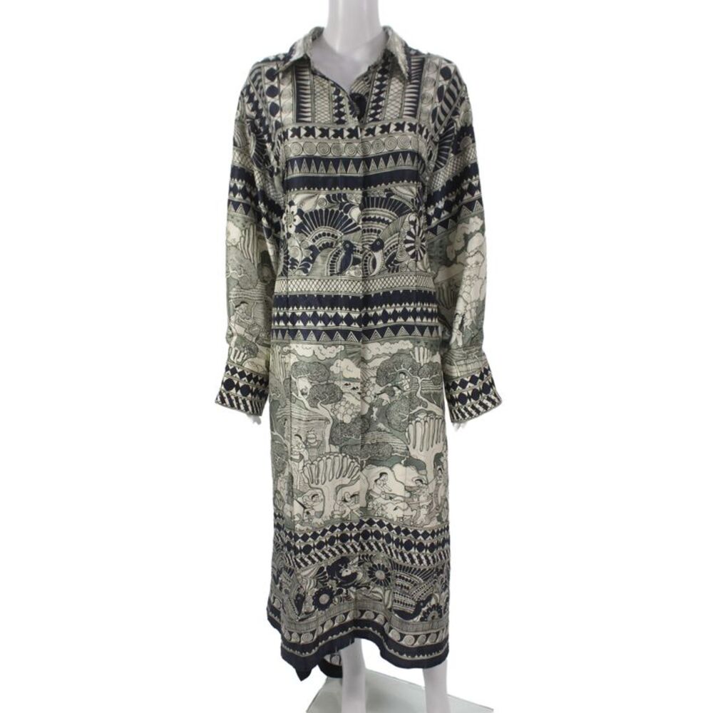 Heirloom Women Black Silk Shirt Dress Long Sleeve Collared Geometric Size M